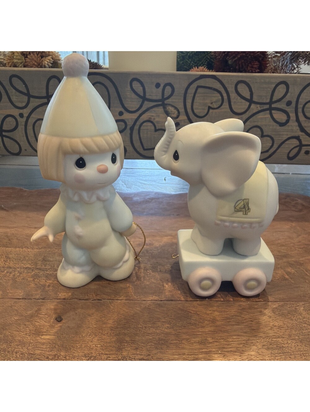 Lot (2) Enesco Precious Moments Clown Elephant On Cart Porcelain Figures